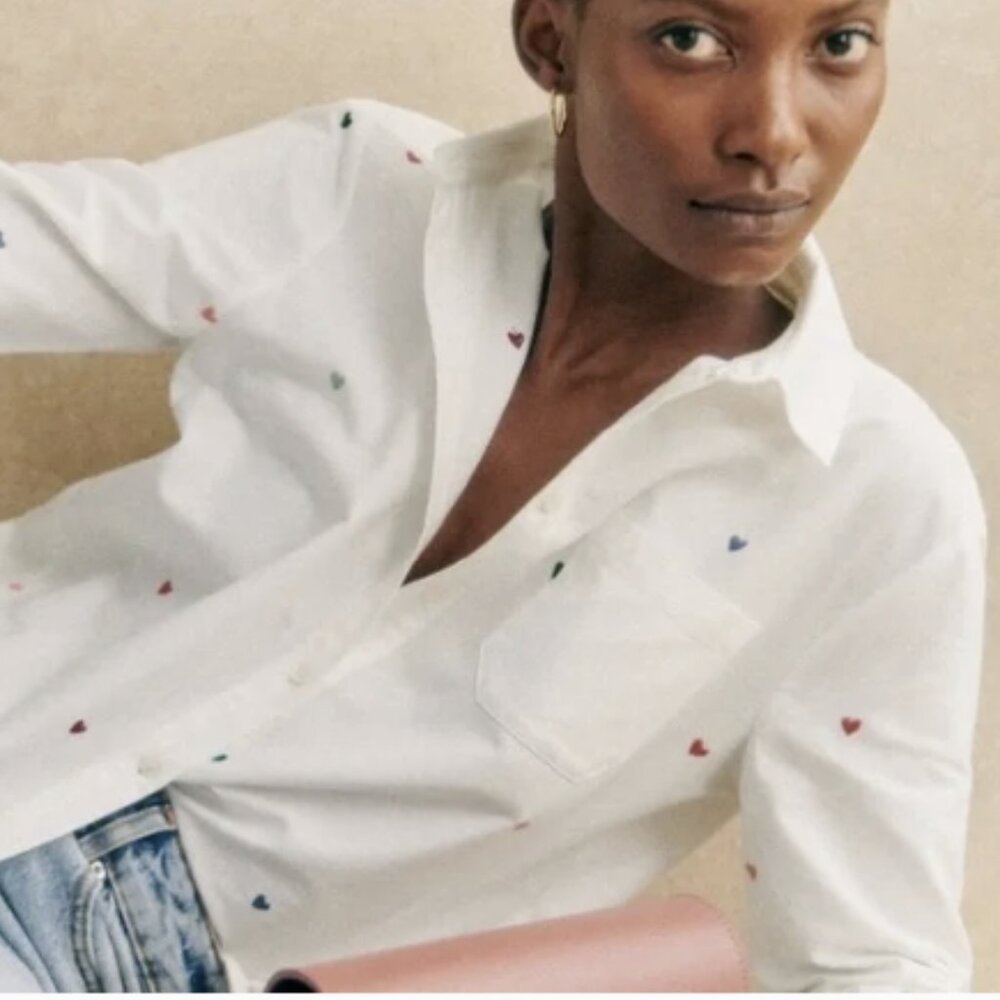 Sezane Tomboy Embroidered Button Down Shirt, Multi-Color Hearts